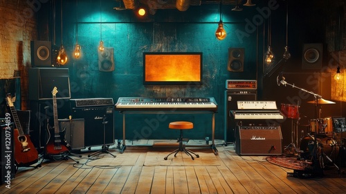 A professional music studio with instruments, sound equipment, and ambient lighting photo