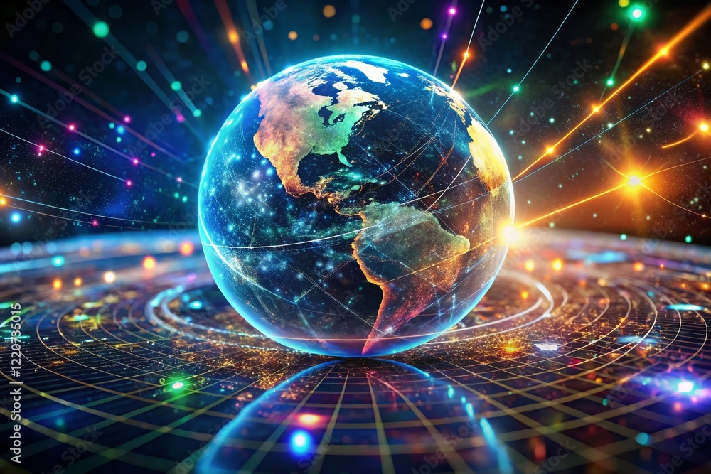 Futuristic Holographic Earth Globe in Cyberspace Network, Digital World Data Visualization Futuristic Holographic Earth Globe in Cyberspace Network, Digital World Data Visualization