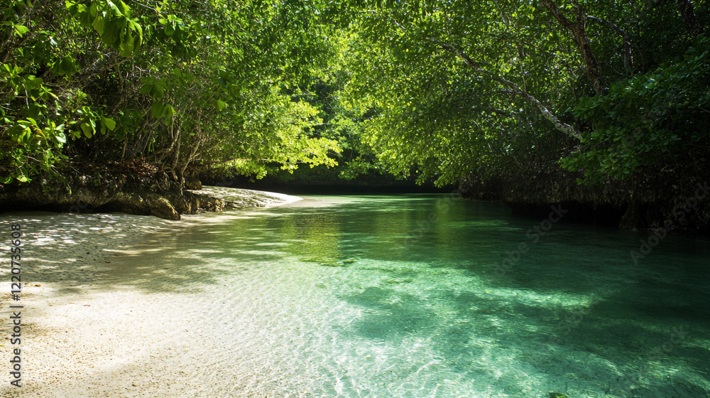 Serene Tropical River Scene Lush Green Foliage Crystal Clear Water Sandy Beach Tranquil Paradise Serene Tropical River Scene Lush Green Foliage Crystal Clear Water Sandy Beach Tranquil Paradise