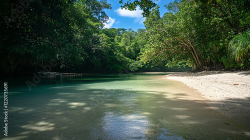 Serene Tropical River Scene Lush Green Trees White Sand Beach Tranquil Paradise Island Nature       