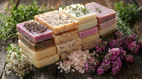 Handmade herbal soaps stacked on rustic wood with flowers