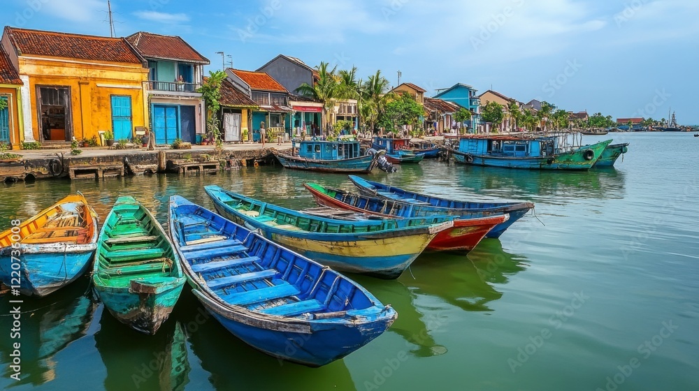 A quaint fishing village with colorful boats docked at the harbor A quaint fishing village with colorful boats docked at the harbor