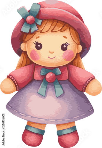 Watercolor Illustrated Vector of a Cute Toy Doll
