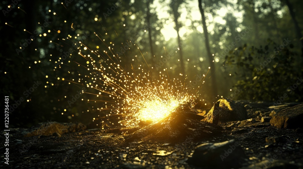 Fototapeta premium Sparks Flying from Campfire in Dark Forest Background