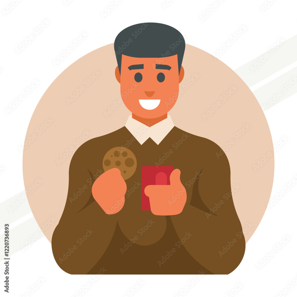 A guy drinking coffee with cookies representing relaxation and enjoyment A guy drinking coffee with cookies representing relaxation and enjoyment