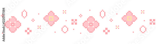 Sakura pixel seamless border, cherry flowers, petal blossom. 8 bit retro game decoration. Chinese plum spring ornament.