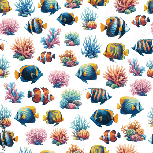 Seamless Vector Pattern with Beautiful Watercolor Illustrated Tropical Fish and Corals on White Background