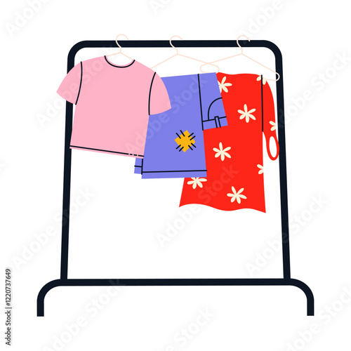 Used clothing with a defects on a hanger. Second hand. Reuse and zero waste concept. Flat vector illustration.