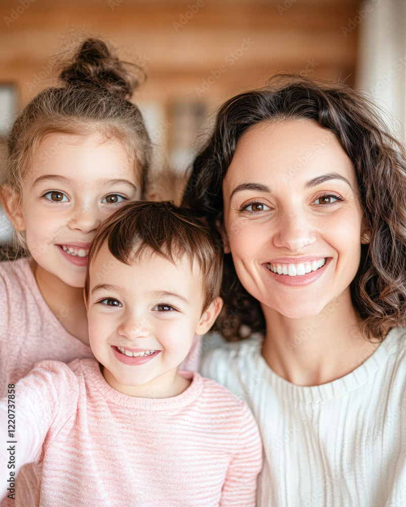 A mother and her two children are smiling for a picture A mother and her two children are smiling for a picture