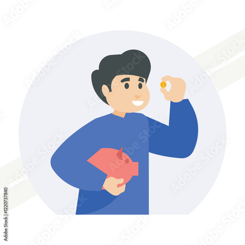 A guy holding a piggy bank representing savings and finance