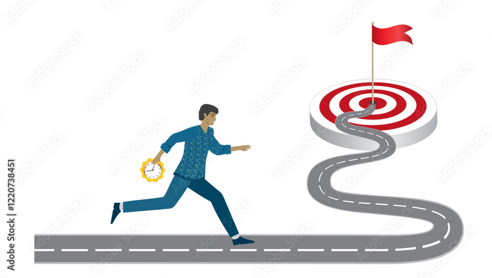 Man with clock running towards goal on winding road. Isolated. Vector illustration. Man with clock running towards goal on winding road. Isolated. Vector illustration.