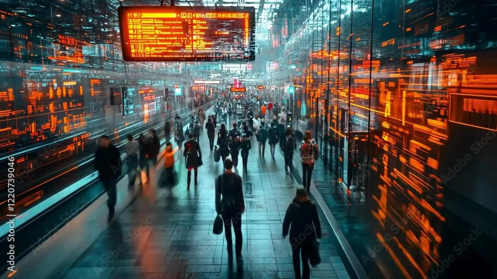 a busy subway train futuristic station with people passing by. fast speed time lapse blur
