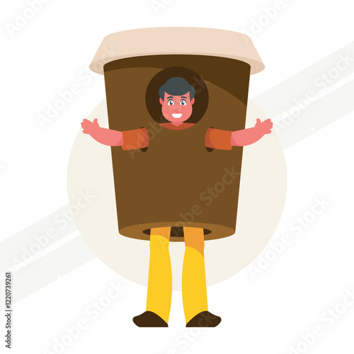 A guy standing in a coffee costume representing humor and creativity