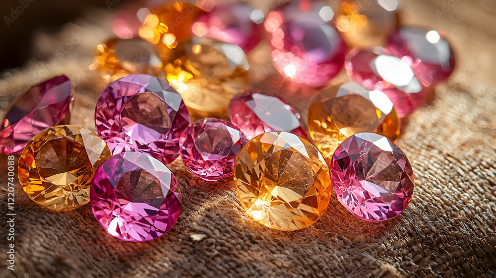 Sparkling Pink and Orange Gemstones on Rustic Fabric, Close-up Shot, Illuminated Background, Jewelry Advertisement Sparkling Pink and Orange Gemstones on Rustic Fabric, Close-up Shot, Illuminated Background, Jewelry Advertisement