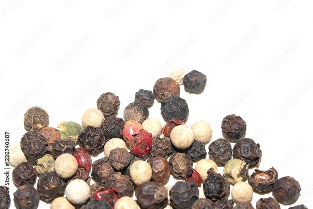 Close up of mixed pepercorn on white background Close up of mixed pepercorn on white background