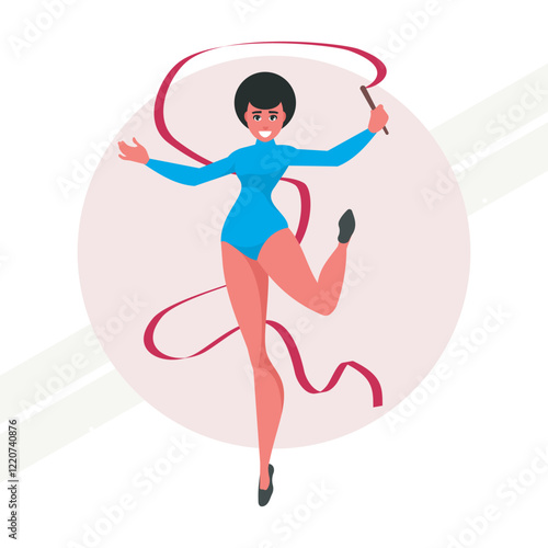A gymnast practicing gymnastics exercises with a ribbon representing skill and performance