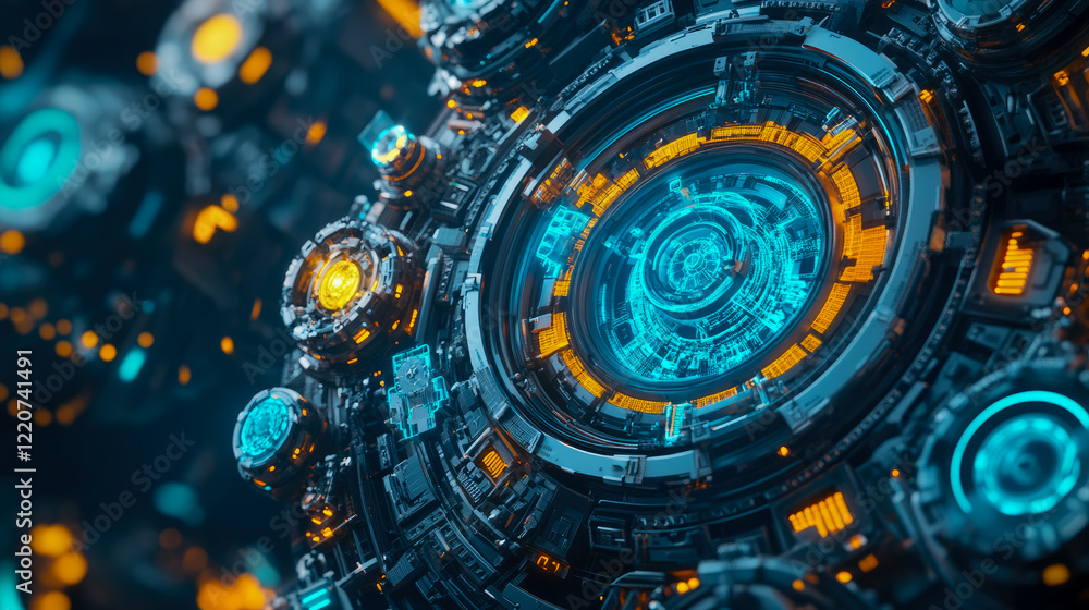 Fototapeta premium Futuristic Technological Orb: Abstract Blue and Orange Glowing Mechanism