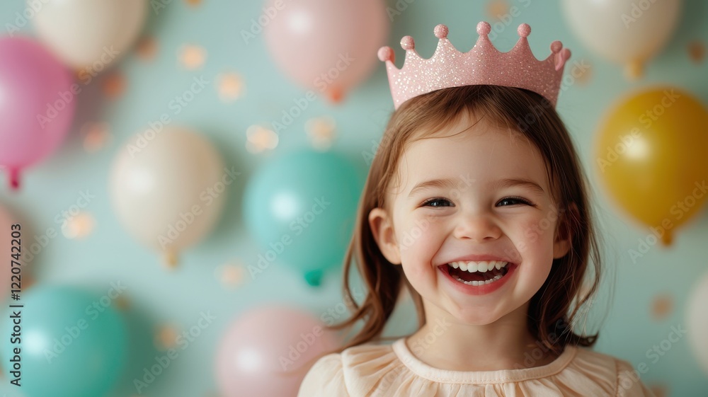 A joyful child wearing a crown, smiling brightly against a backdrop of colorful balloons and confetti. A joyful child wearing a crown, smiling brightly against a backdrop of colorful balloons and confetti.