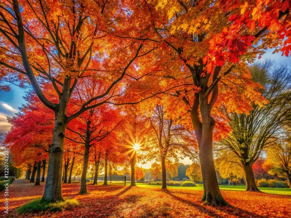 Fototapeta premium Golden Autumn Sunlit Trees: Candid Nature Photography