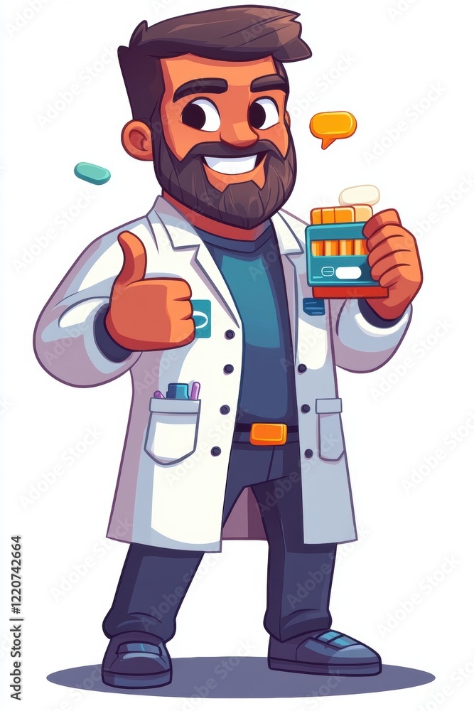 Smiling doctor holding a medicine box in one hand and giving a thumbs-up gesture. Represents healthcare, professionalism, and trust in medical services. Smiling doctor holding a medicine box in one hand and giving a thumbs-up gesture. Represents healthcare, professionalism, and trust in medical services.