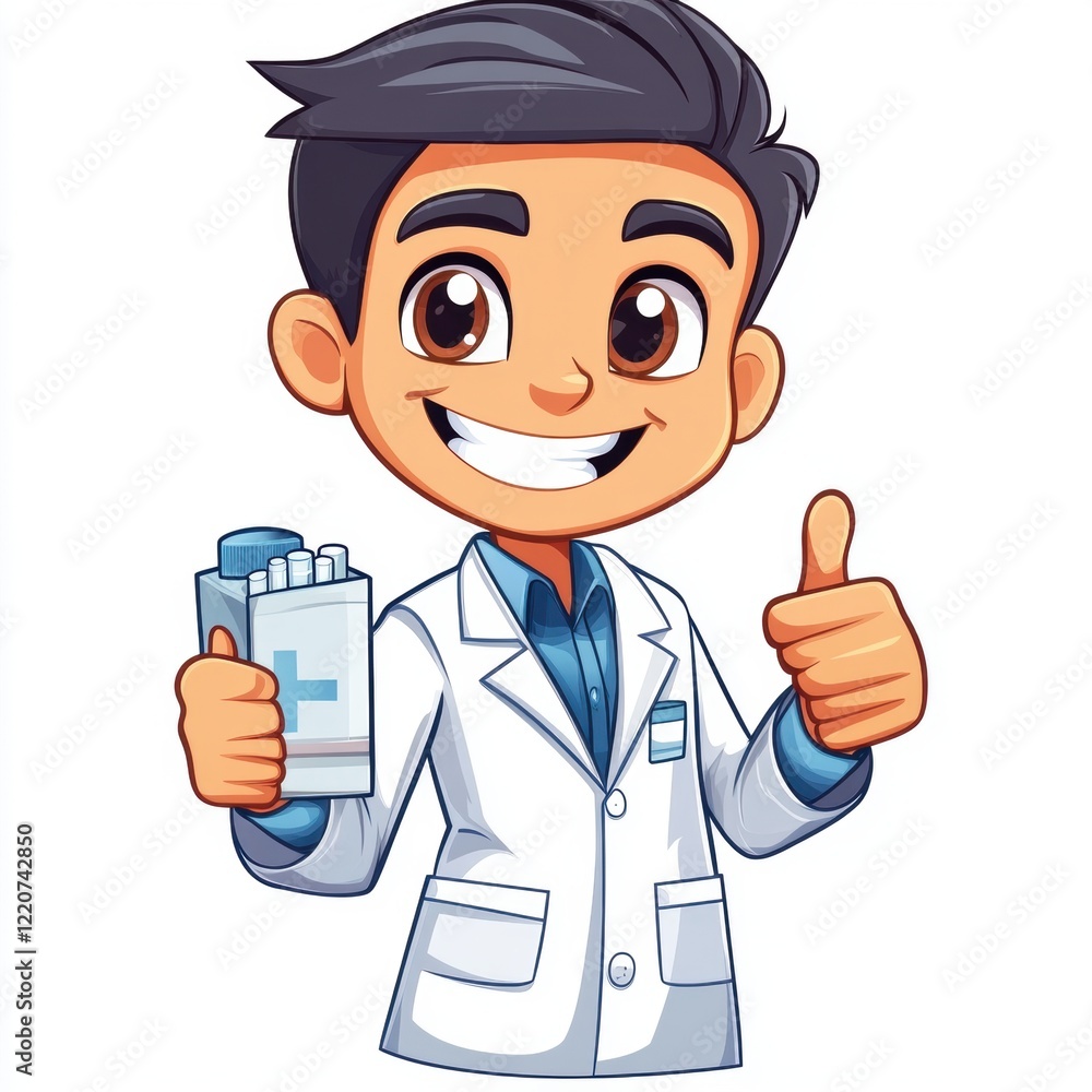 Smiling doctor holding a medicine box in one hand and giving a thumbs-up gesture. Represents healthcare, professionalism, and trust in medical services. Smiling doctor holding a medicine box in one hand and giving a thumbs-up gesture. Represents healthcare, professionalism, and trust in medical services.