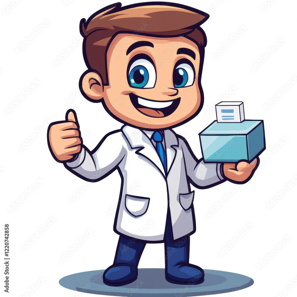 Smiling doctor holding a medicine box in one hand and giving a thumbs-up gesture. Represents healthcare, professionalism, and trust in medical services. Smiling doctor holding a medicine box in one hand and giving a thumbs-up gesture. Represents healthcare, professionalism, and trust in medical services.