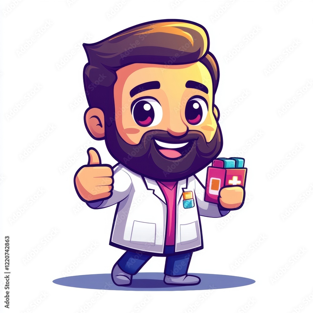 Smiling doctor holding a medicine box in one hand and giving a thumbs-up gesture. Represents healthcare, professionalism, and trust in medical services.
