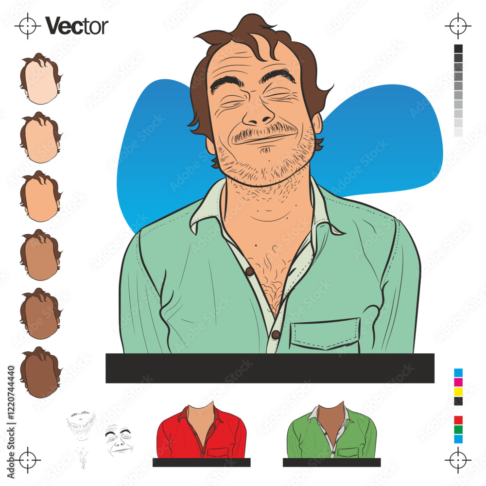 Homem engraçado, sorrindo,  com camiseta verde, varios rostos com tons de pele diferente corpos separads com cores diferente para poder trocar, rosto e cabelos isolados