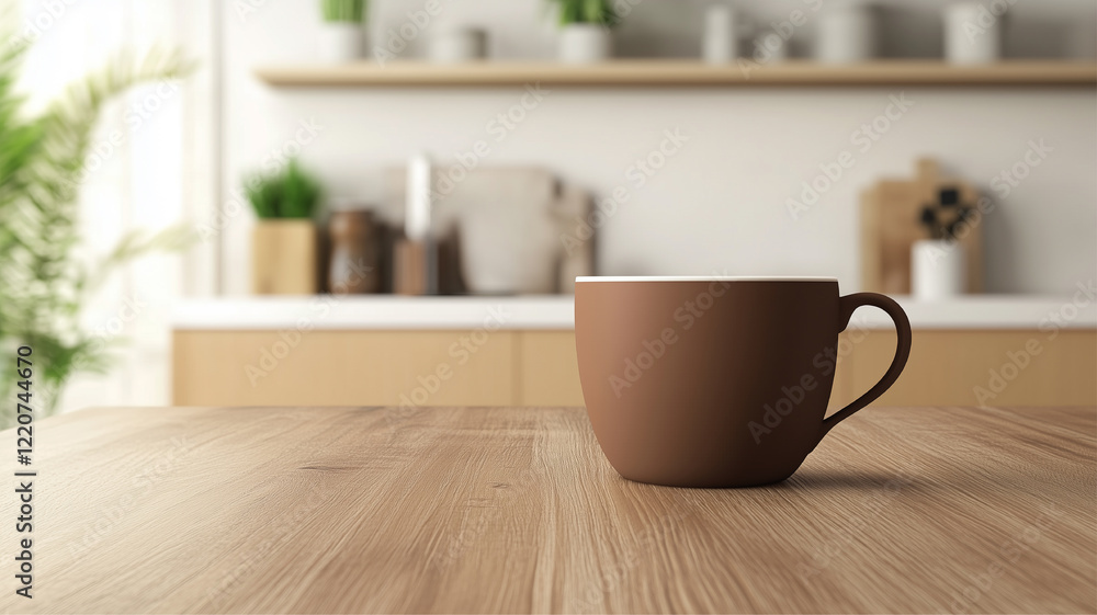 Blank matte brown coffee cup mockup on wooden kitchen table, on minimalist kitchen background. Blank matte brown coffee cup mockup on wooden kitchen table, on minimalist kitchen background.