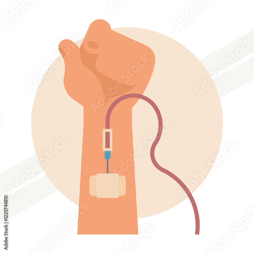 A hand with an inserted dripper representing medical care and health