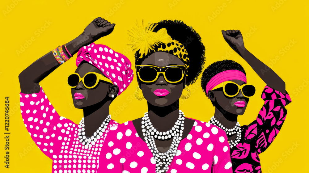 Fototapeta premium Three Stylish Women with Raised Fists: A Celebration of Strength and Style