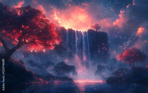 Red Waterfall Sunrise Landscape with Flowers