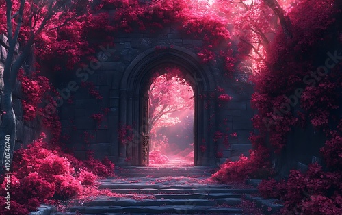 Romantic Ancient Portal Artwork Pink Blossoms Sunset Path