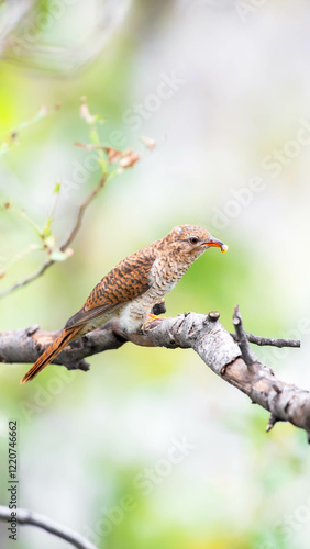 Bird (Plaintive Cuckoo, Cacomantis merulinus) black, yellow, brown and orange color perched on a tree in a nature wild photo