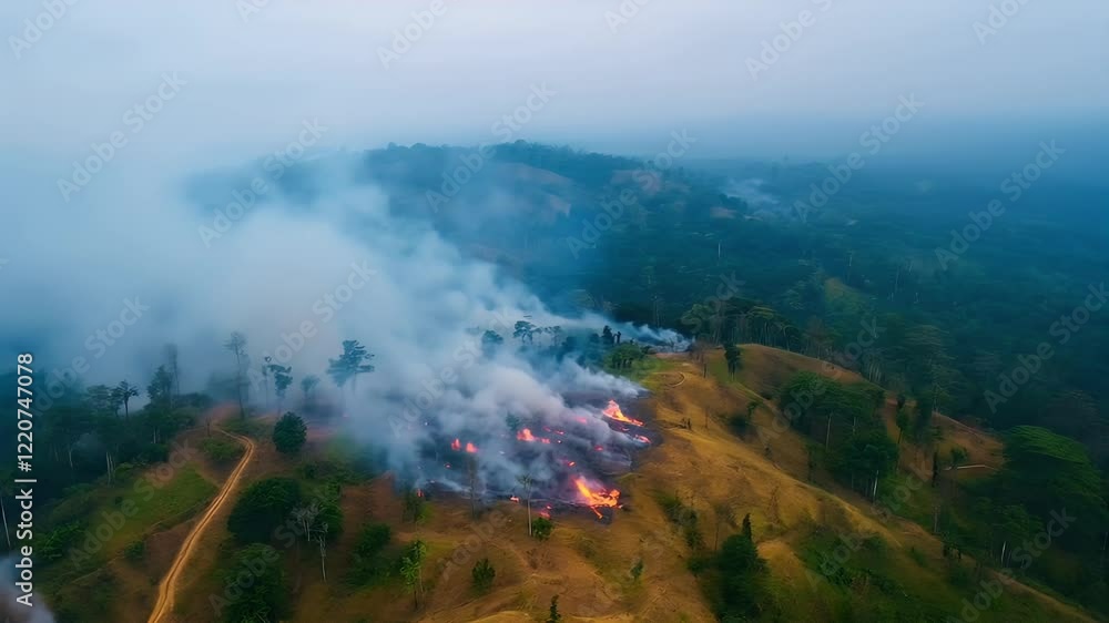 Aerial view of forest fires on a hill Aerial view of forest fires on a hill