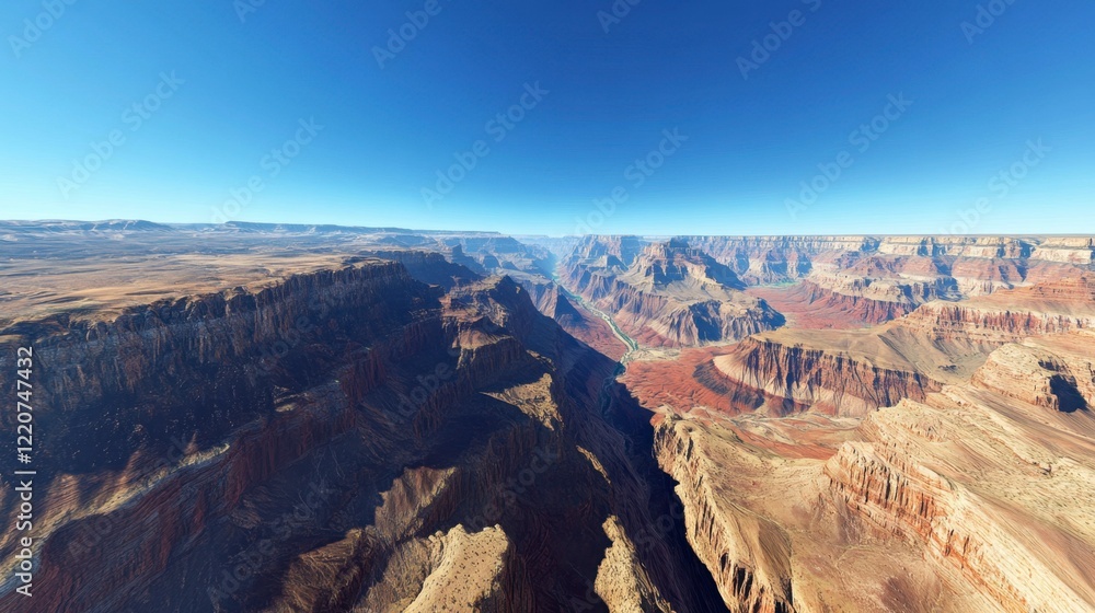 A stunning aerial panorama of the Grand Canyon under a clear blue sky, showcasing its vast depth A stunning aerial panorama of the Grand Canyon under a clear blue sky, showcasing its vast depth