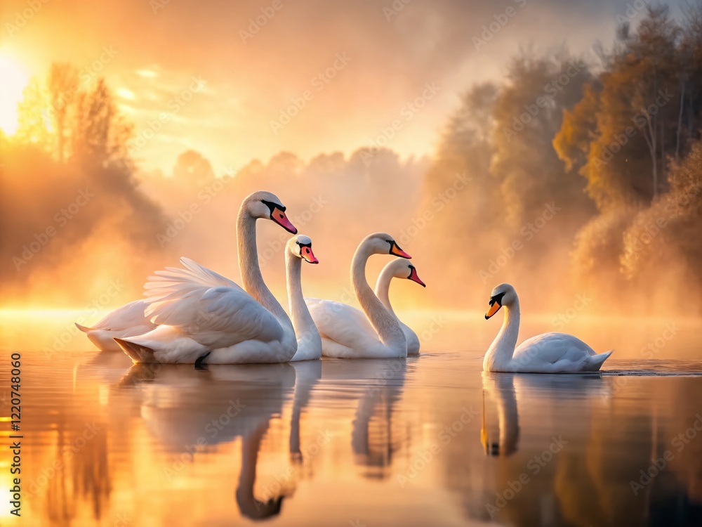 Fototapeta premium Graceful Young Swans on Serene Lake at Dawn - Wildlife Photography