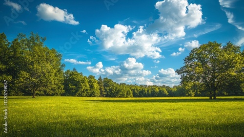 Beautiful green grass meadow with trees and a blue sky photo