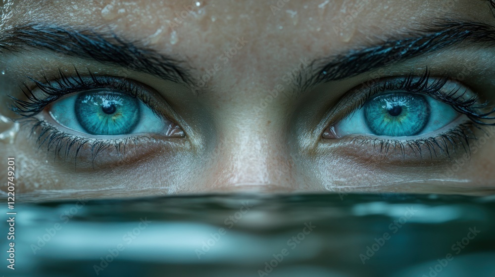 Submerged Gaze: A captivating close-up of mesmerizing blue eyes peering from beneath the water's surface, creating a mysterious and alluring underwater scene. Submerged Gaze: A captivating close-up of mesmerizing blue eyes peering from beneath the water's surface, creating a mysterious and alluring underwater scene.
