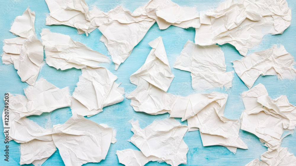 Obraz premium Abstract Composition: Crumpled White Paper on Blue Surface