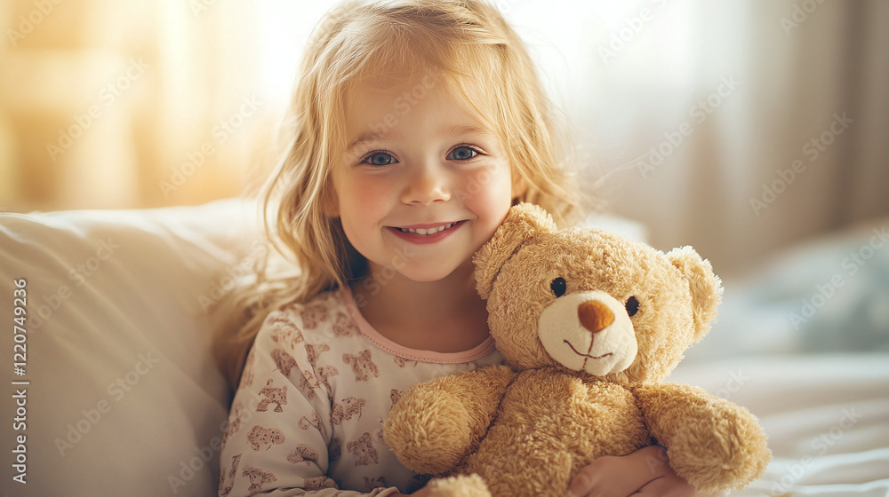 Little girl with a teddy bear sitting on a hospital bed in a ward Little girl with a teddy bear sitting on a hospital bed in a ward