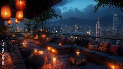 A stylish rooftop lounge with comfortable seating, glowing lanterns, and a panoramic city view photo