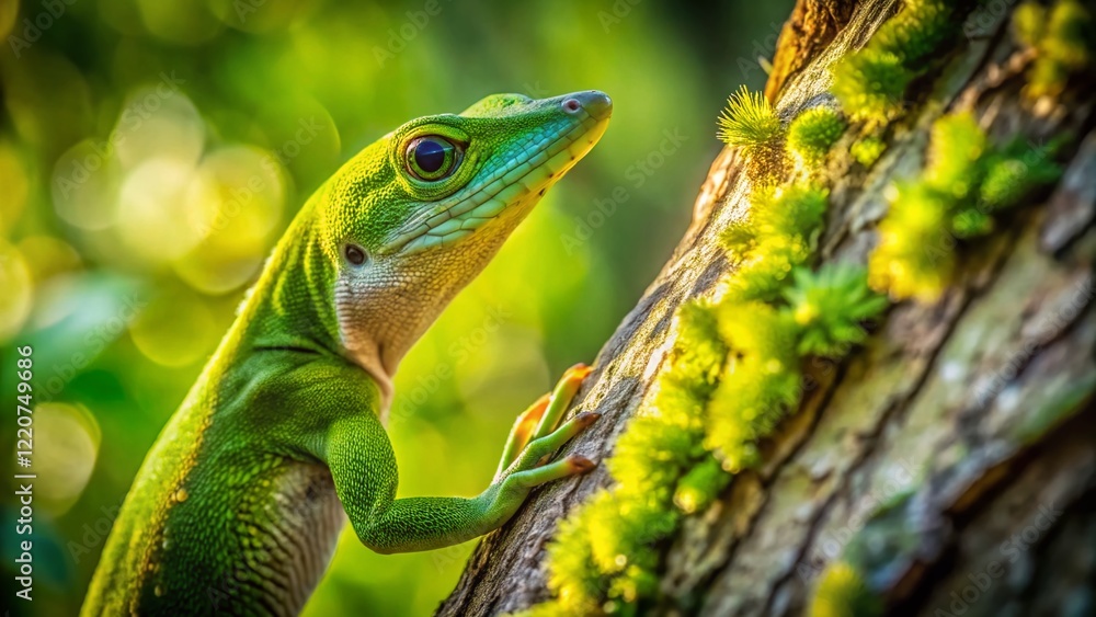 Obraz premium Green Anole Lizard Upside Down on Tree Branch Aerial View Stock Photo