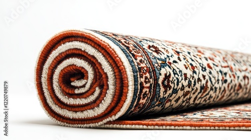 Elegant Traditional Area Rug with Intricate Patterns Rolled Up on a White Background, Showcasing Rich Colors and Exquisite Craftsmanship Perfect for Home Decor