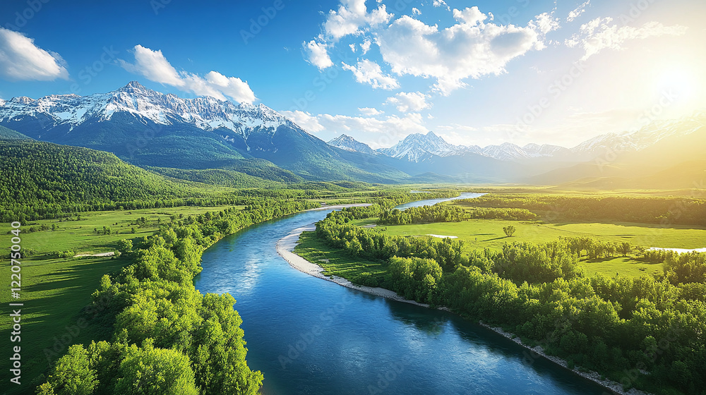 Obraz premium Bird's eye view of a beautiful river between green fields and forests against the backdrop of snow-capped mountains on a sunny day
