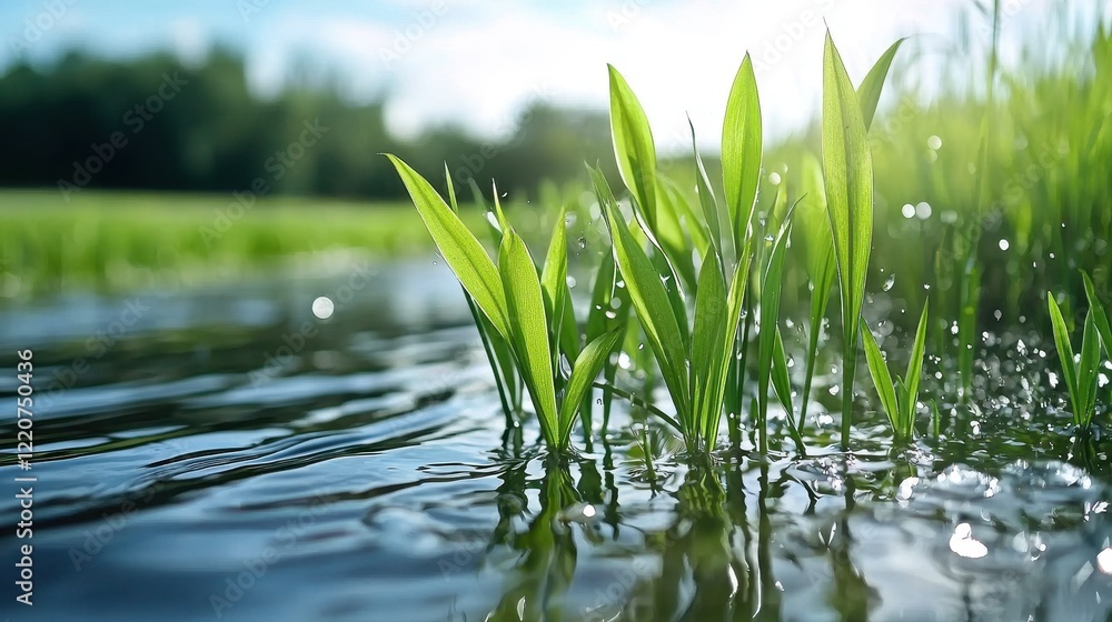 Obraz premium A serene close-up of fresh green grass emerging from rippling water, illuminated by sunlight, showcasing nature's beauty and tranquility.