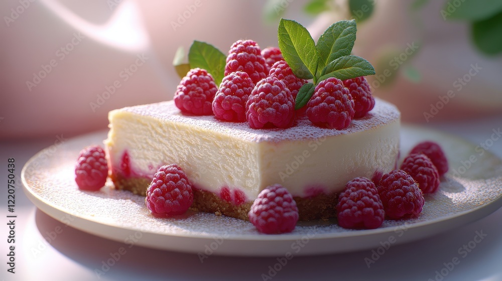 Delicious homemade cheesecake garnished with fresh raspberries and mint leaves Delicious homemade cheesecake garnished with fresh raspberries and mint leaves
