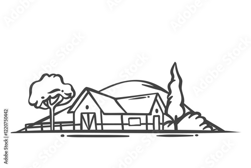 Farm buildings by hill line icon. Outline hand drawn countryside scene with village architecture, fence and trees in yard of farmers house. Farmhouse, barn mascot, henhouse icon vector illustration