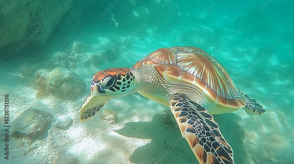 Obraz premium Green Sea Turtle Exploring a Vibrant Underwater Landscape Near Coral Reefs in a Tropical Ocean Setting