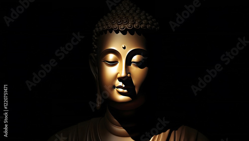 Golden head Buddha face on a black background. Golden Buddha statue. photo